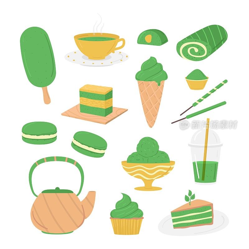 Cartoon Matcha Green Tea Dessert Icons Set. Vector
